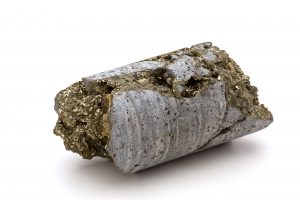 A gold mine drill core from a Northen Nevada mine exploration showing a large deposit of pyrite crystals.